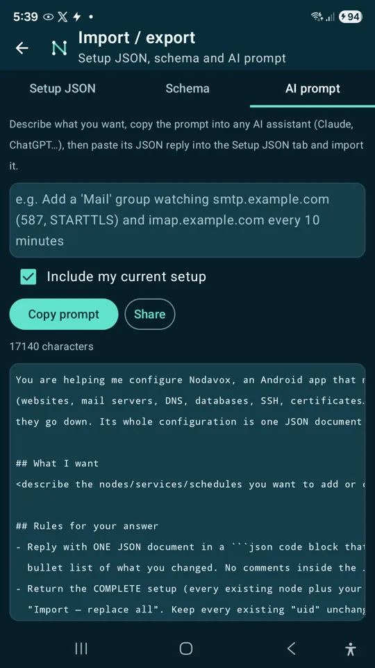 AI prompt setup screen